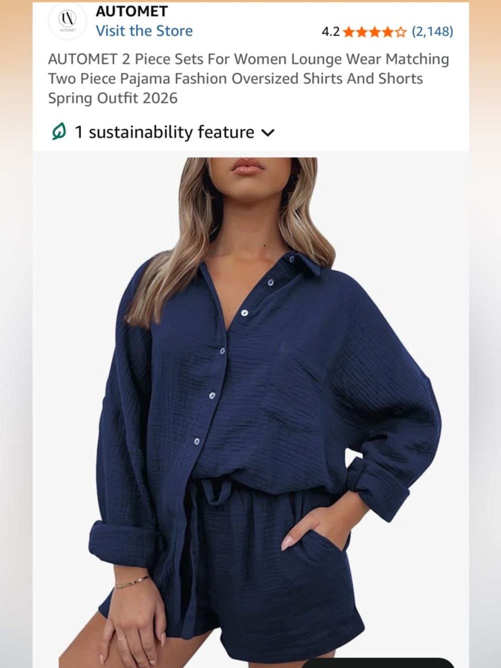 Amazon Automet Women's Navy Blue Two-Piece Lounge Shorts Set size M LIKE NEW